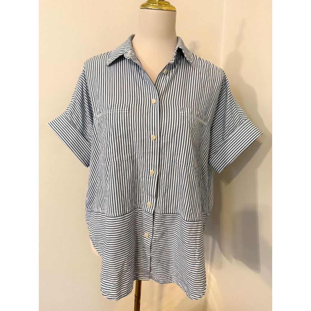 Madewell Courier Shirt M Blue White Stripe Oversized Cotton Button Down Top